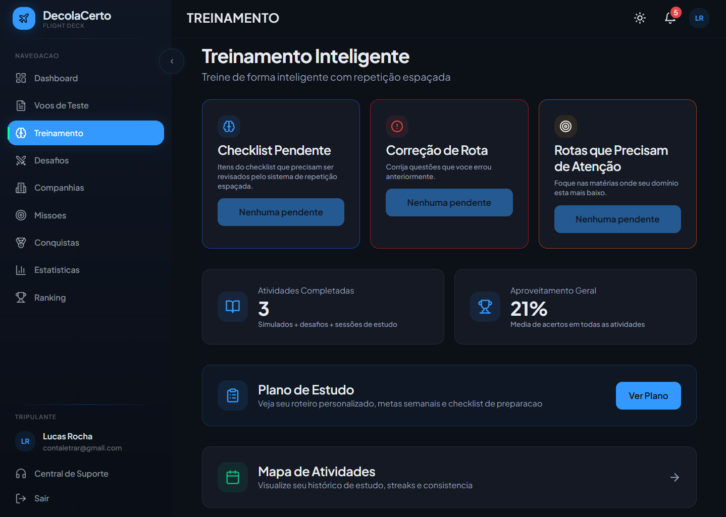 Tela de Treinamento Inteligente da DecolaCerto, com Correção de Rota e rotas que precisam de atenção